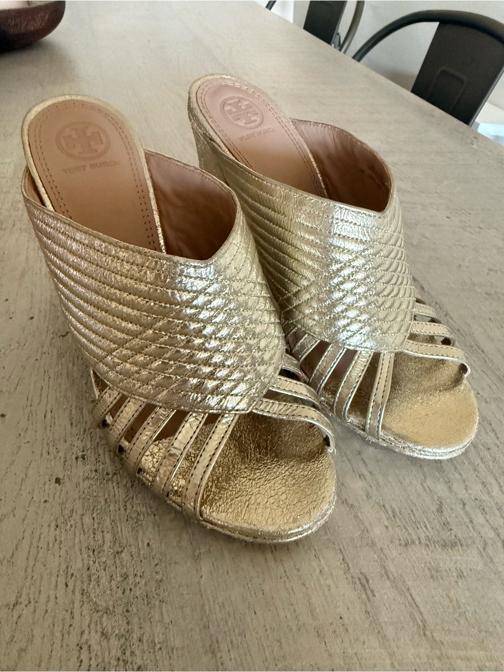 Tory Burch Gold Metallic Quilted Leather Mule Sandals Heels 8.5